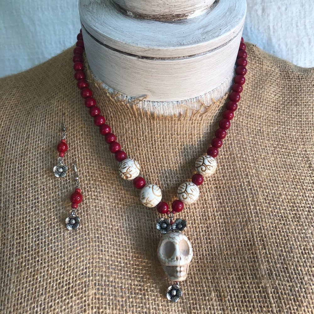Handmade Necklace and Earring Set, skull, beads